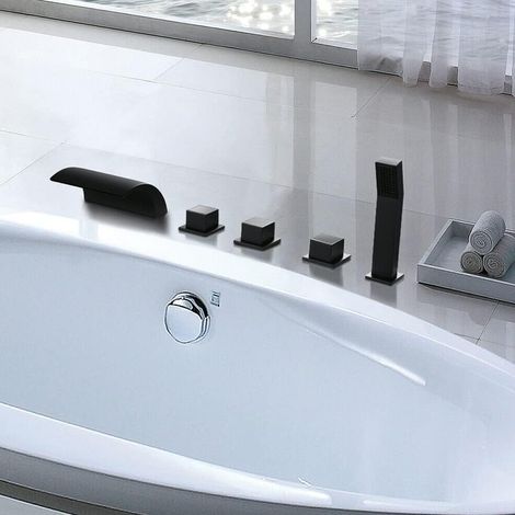 Badewannenarmatur Wasserfall 5 Loch Messing Wannenrandarmatur Handbrause Set Bad Dusche mit 3 Griffe Schwarz Badwanne Armatur