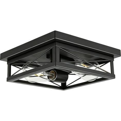 Plafonnier en métal rustique encastré avec double douille d'ampoule pour culot E27 noir (1/5)