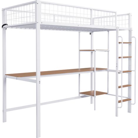 Letto a castello in metallo e MDF con scrivania e ripiani 90 x 200 cm bianco e naturale (1/5)