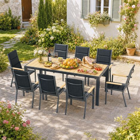Devoko – Table de jardin aluminium 189x80x73cm – Plateau aspect bois naturel – Pour 6-10 personnes – Cadre léger et résistant – Surface facile à nettoyer