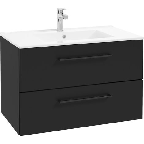 STAMAR  Meuble de Salle de Bain avec Lavabo - 80x45 cm - Noir Mat - Doux Fermeture - 2 Tiroirs