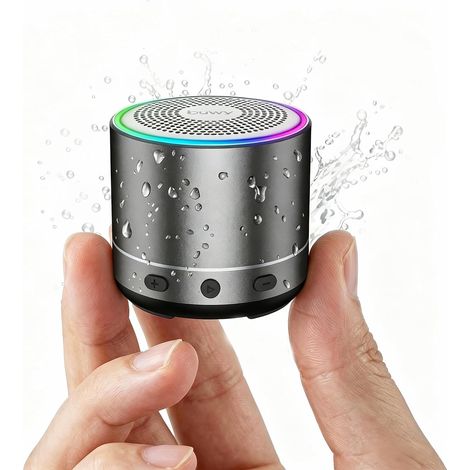 Mini Enceinte Bluetooth 5.4 avec HD Mic, 360° Stéréo Enceinte Portable, 7 Lumière LED Haut Parleur Bluetooth, Double Appairage, Étanche IP7 pour Extérieur/Fête/Voyage/Cadeau, Recharge USB-C, Gris (1/5)