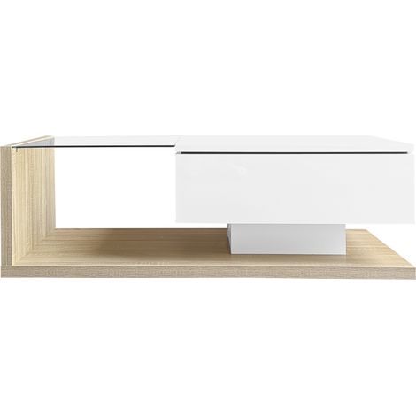 ELVMI Couchtisch mit 1 Ablagefach, LED und Tischplatte aus Gehärtetem Glas, Hochglanz, für Wohnzimmer, aus Spanplatte, 105 × 55 × 32.5 cm, Natur (1/5)