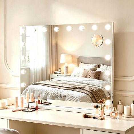 Espejo Maquillaje LED 80x60 cm – Hollywood Luz 3 Colores Regulable, Aumento 10x Desmontable, Pared y Mesa Blanco (1/5)