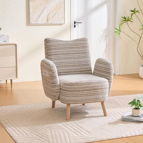 Ohrensessel mit Seitentaschen, Boucle Garn, Massivholzbeine, Khaki (1/5)