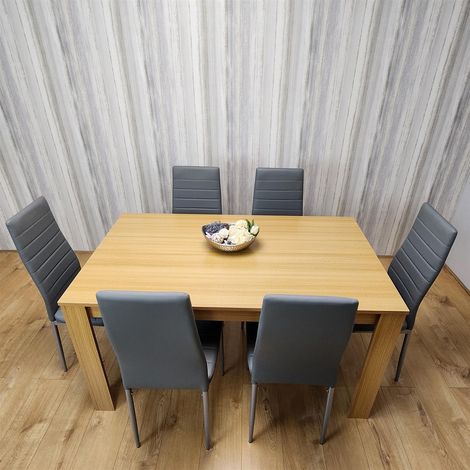 Dining Set of 6 Dining Table and 6 Grey Faux leather Chairs Dinig Room Furniture (1/5)