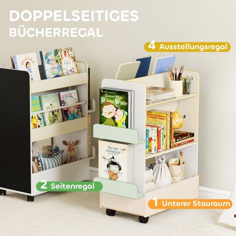Librería infantil (66.5x32.5x86.5 cm), de doble cara, con pizarra, ruedas, madera blanca (1/5)