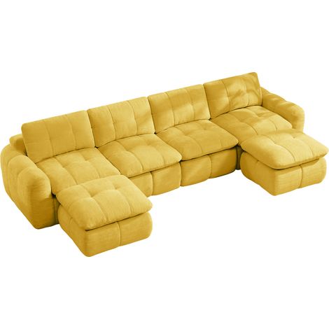 Divano modulare a U 4 posti in chenille giallo con 2 pouf, senza montaggio (1/5)