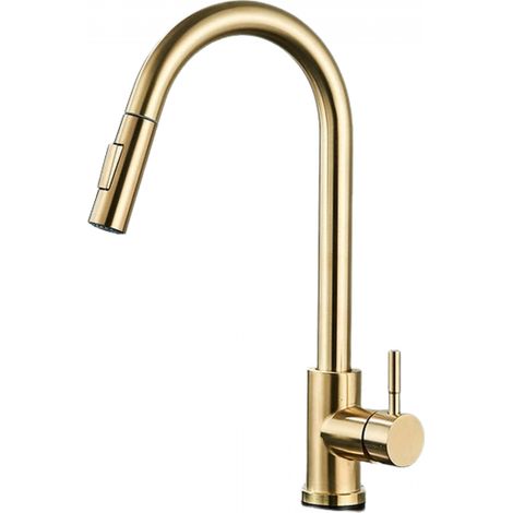 Grifo de cocina retráctil con fregadero giratorio de 360° y 2 modos de rociado (acabado dorado cepillado). (1/5)