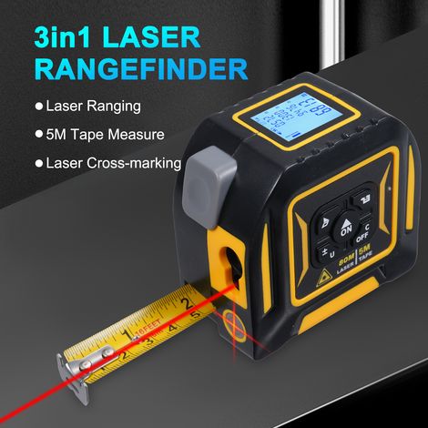 Mètre ruban laser 3 en 1 avec niveau laser croisé, ruban 5M + télémètre laser 80M, mesure distance, continu, surface, volume, Pythagore, unités M/ft/in/ft+in, écran LCD (1/5)