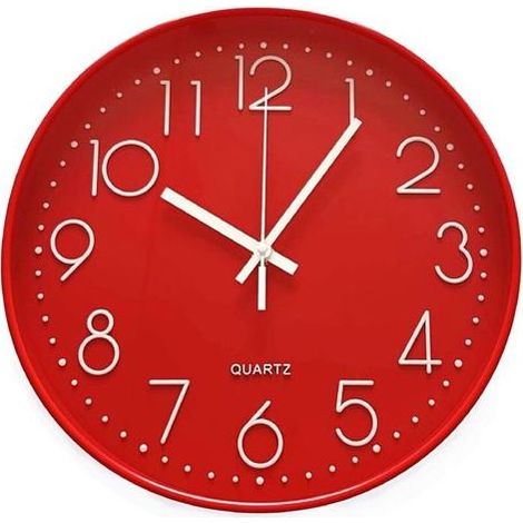 Lntyq 30cm Grand Horloge Murale Ronde silencieuse Moderne Horloge Murale à Quartz sans tic-tac pour Chambre à Coucher Salon Bureau Salle de Classe, Horloge Cuisine Simple numérique à Piles, Rouge (1/5)