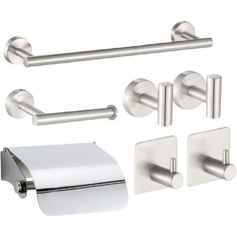 Set 7 accessoires salle bain inox, barre porte-serviettes, porte-papier toilette, 4 crochets, fixation murale perçage, porte-serviettes et porte-papier avec couvercle (1/5)