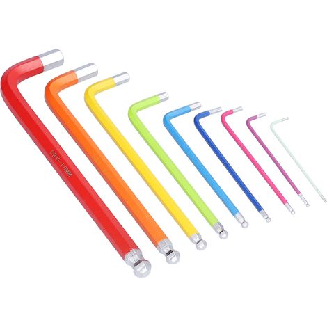 Jeu de 9 clés Allen longues colorées à embout sphérique pour bricolage et assemblage (1/5)