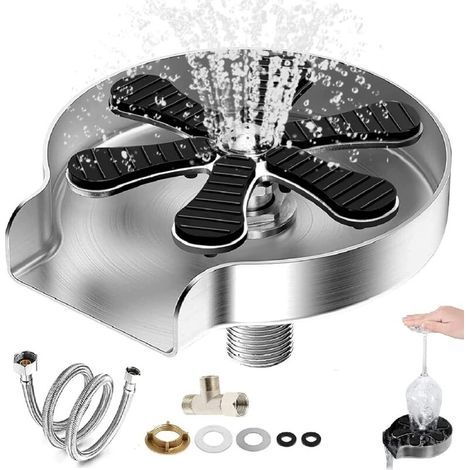 Rinsert de verre, Rinsert de bouteille, Rince Verre Automatique pour Évier de Cuisine, Accessoires D'évier De Cuisine, Laveuse Automatique De Tasses, Lave-verres Évier pour Bar Maison (Silver) (1/5)