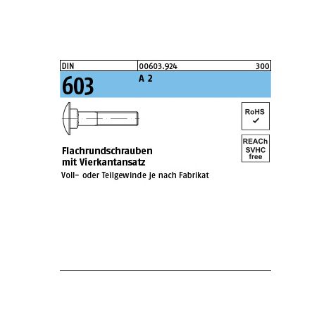 DIN 603 Flachrundschraube M6x90 Edelstahl A2 blank m. Vierkantansatz 100 Stk