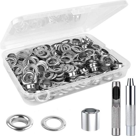 Trousse à œillets 200 set oeillets pour baches avec outils d'installation et boîte de rangement, Kit de grommets eyelets diamètre intérieur 12mm Argenté