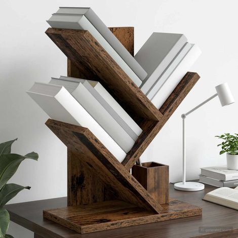 Étagère arbre 3 niveaux, bibliothèque en bois d’ingénierie, bois ancien, 30 x 18 x 40 cm - PANGIVO (1/5)