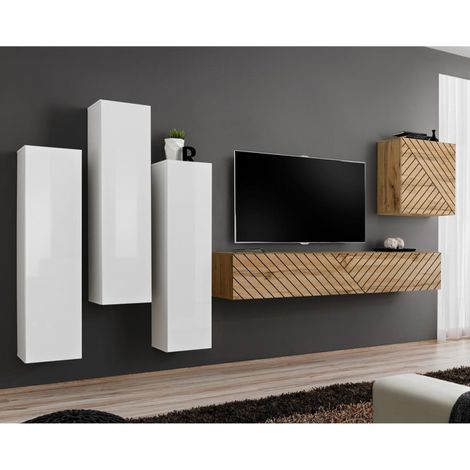 Ensemble Meuble TV "Switch Lamel III" 330cm Naturel & Blanc (1/5)