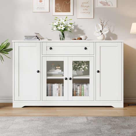 Sideboard 138x40x83cm - kommode weiß mit 4 türen davon 2 glastüren und 1 schublade - mehrzweckschrank aus mdf für wohnzimmer esszimmer flur - mattweiß (1/5)
