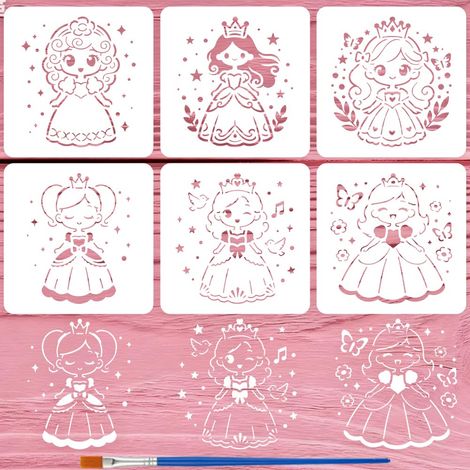 6Pcs Pochoirs 15x15cm Pochoir Peinture Cartoon Mignons Modèles Conte de Fées Avec Un Pinceau pour Décoration Mur Sol Maison Jeu Créatif Projets Artistiques (1/5)