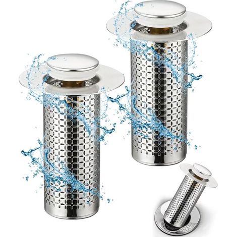 2 tapones universales emergentes para lavabo con colador antiatascos - Tapón de desagüe de acero inoxidable para cocina y baño (1/5)