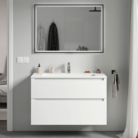 BERNSTEIN - Mueble lavabo suspendido MDF blanco mate, lavabo fundición blanco mate + orificio grifería, cajone giratorio 80x46x62cm VIREO blanco mate, Blanco mate con orificio para grifo.