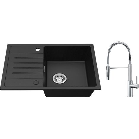 Cecipa Lavello cucina con gocciolatoio Nero 65 x 45 cm Lavello incasso + Miscelatore cucina Spring con doccetta estraibile, Rubinetto lavabo 2 modalità di uscita acqua, Spazzolato