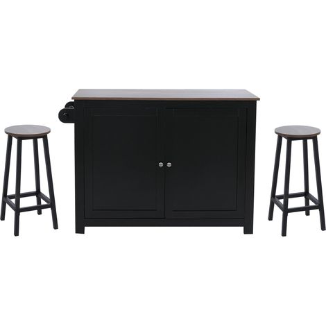 [NUNCA USADO] Isla de cocina HHG-683 con 2 taburetes, armario de cocina con cajones y compartimentos de almacenamiento MDF 90x120x45 cm, negro, madera oscura