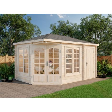 Alpholz – Abri de jardin bois pentagonal Josephine 40 mm – Dimensions 452 x 312 cm – Surface utile 11 m² – Porte double en bois lamellé – 2 fenêtres ouvrantes (1/5)