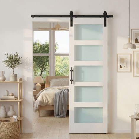 Puerta Corredera Interior 71x213 cm con Kit de Montaje, MDF y Vidrio Esmerilado, Riel y Herrajes, Blanco (1/5)