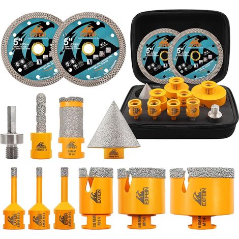 Foret Diamant Carrelage Kit 12 pièces - Scie Cloche 6/6/8/25/35/50/68mm+10mm Mèches à doigts+50mm Mèches Chanfrein Biseautée+Adaptateur + 2pcs 125mm Disque Diamant pour Porcelaine Marbre Granit (1/5)