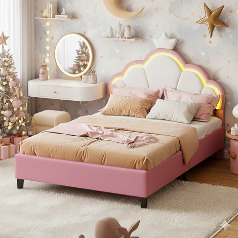 Einzelbett 90 x 200 cm aus Samt mit LED-Kronen-Kopfteil und Lattenrost inklusive – Belastbarkeit 150 kg – Rosa