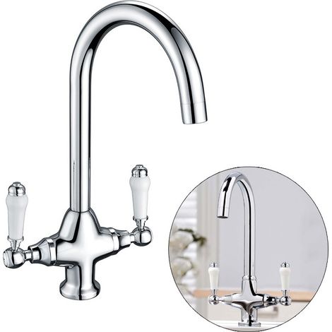 Twin Lever Traditional Mono Kitchen Sink Mixer Brass Tap Spout Ceramic Handle (1/4)
