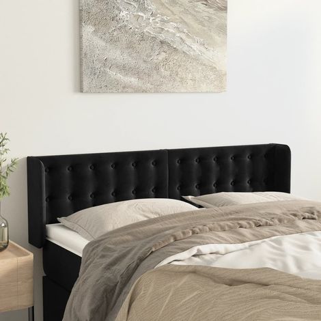 Tête de lit avec oreilles pour lit double, Tableau décoratif de chevet élégante Noir 147x16x78/88 cm Velours SDG28252 (1/5)