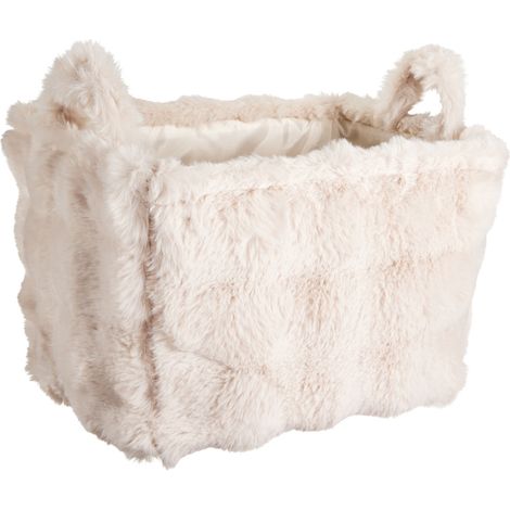 Rechteckiger Korb mit Griff, künstliches Plüschfell, beige, 40 x 30 x 28 cm (1/3)