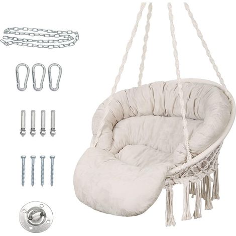 Fauteuil suspendu macramé bohème avec coussin, intérieur/extérieur, beige (1/5)