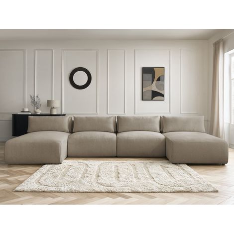 BOBOCHIC - Canapé panoramique fixe modulable avec têtières JANA tissu chiné avec 2 méridiennes et 2 chauffeuses   Taupe