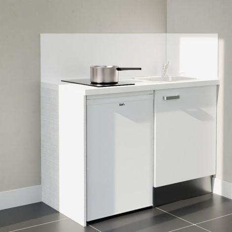 Kitchenette K08L-PT - 120 cm avec plan de travail et évier - Façade Blanc - Plan Blanc - Crédences Oui (1/5)