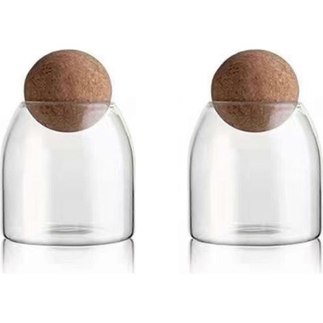 Lot de 2 bouteilles en verre transparent, contenants alimentaires en verre avec bouchon rond hermétique, pour bonbons, noix, épices, 9 x 10 cm (1/5)