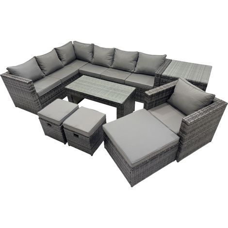 Fimous 8 Pieces Outdoor PE Rattan Garden Furniture Corner Sofa Oblong Coffee Table Set with Cushions 3 Footstools Side Table Dark Grey Mixed (1/5)