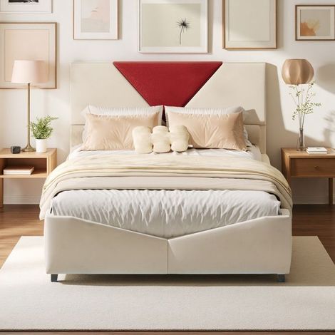Bett 140x200 cm - Beige - Gepolsterte Kopfteil - Stauraum - Integrierte LED