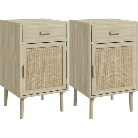 Set 2 Comodini per Camera da Letto con Cassetto e Anta in Rattan Stile Boho, Colore Legno