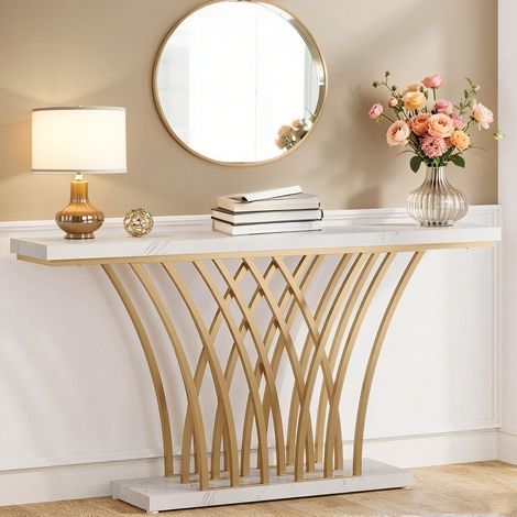 Konsolentisch - 150 × 29,5 × 80 cm - mit Metallbeinen - für Eingangsbereich, Flur, Wohnzimmer (Weiß)