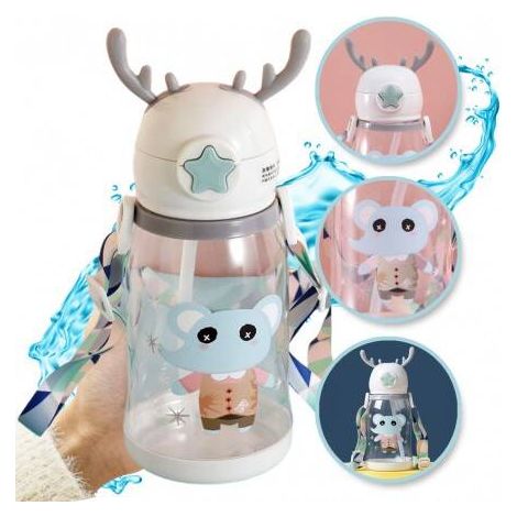 Botella de agua infantil ECARLA con pajita, 600 ml, blanca con rosas, BD30B (1/5)