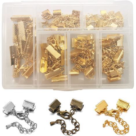 30 Paires De Pince À Sertir Pour Ruban Se Termine Avec Un Fermoir Mousqueton Et Une Chaîne D'extension, Un Bracelet De Tailles Assorties Casquettes De Signet En Cuir Pince À Sertir (1/5)