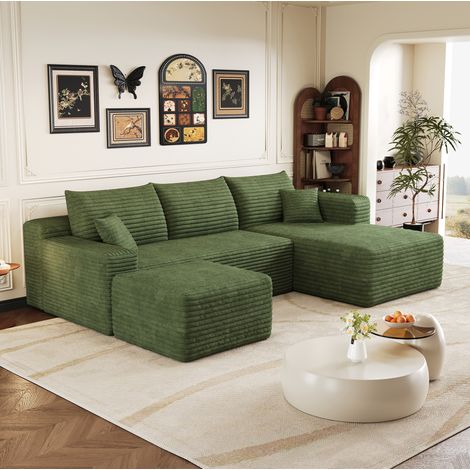 Ecksofa modular in Gruen aus Cordstoff, ohne Montage, minimalistisches Design mit tiefer Sitzflaeche,241x151x58 cm (1/5)