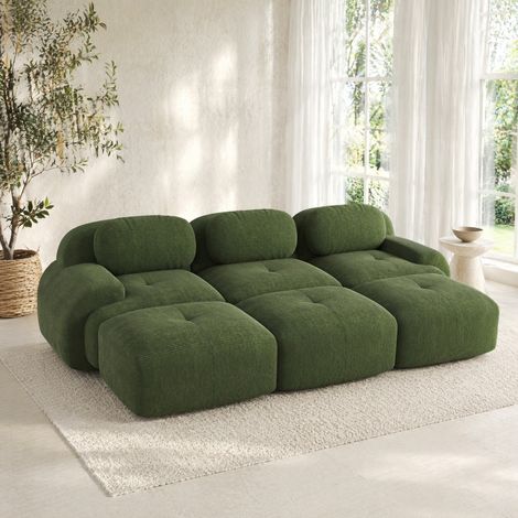 Divano modulare 3 posti in tessuto corduroy verde con 3 pouf, senza montaggio (1/5)