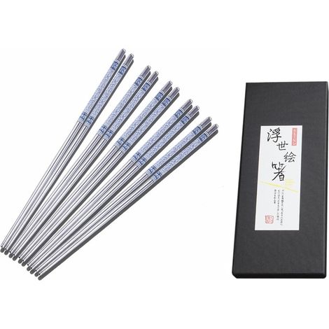 Set mit 5 Paar Sushi-Essstäbchen aus Edelstahl, dekoriert, grau