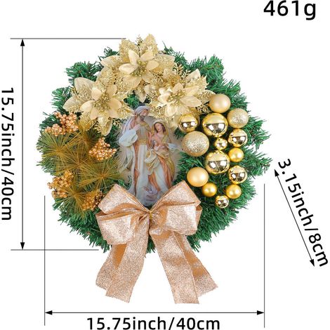 Couronne de Noël artificielle 40cm, poinsettia doré pailleté, boules dorées, nœud doré scintillant, plaque Sainte Famille, décoration murale (1/2)
