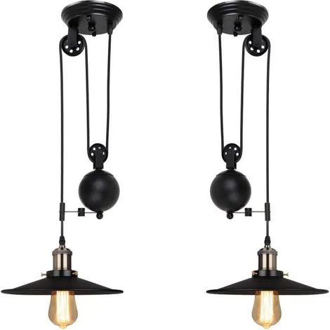 U-Do 2Pcs Lustre Suspension Poulie Noir Lampe Cage en Métal design Vintage Ajustable Lustre Créatif Industriel pour Salon (1/4)